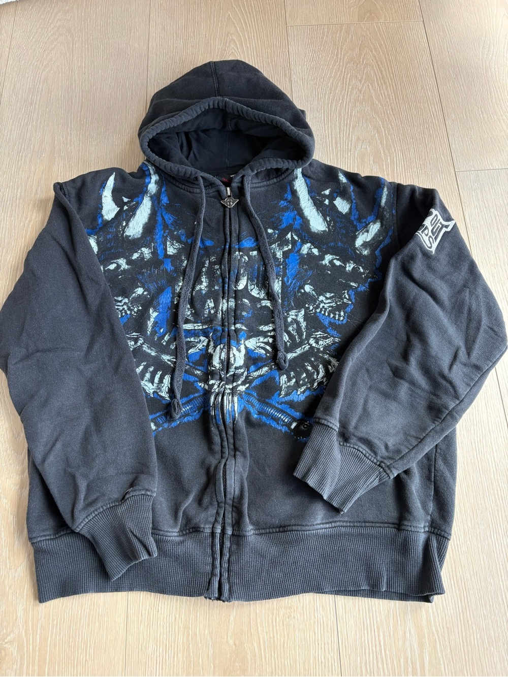 Vintage Y2K men Tapout Black Hoodie Zip-Up with Blue and White Graphic